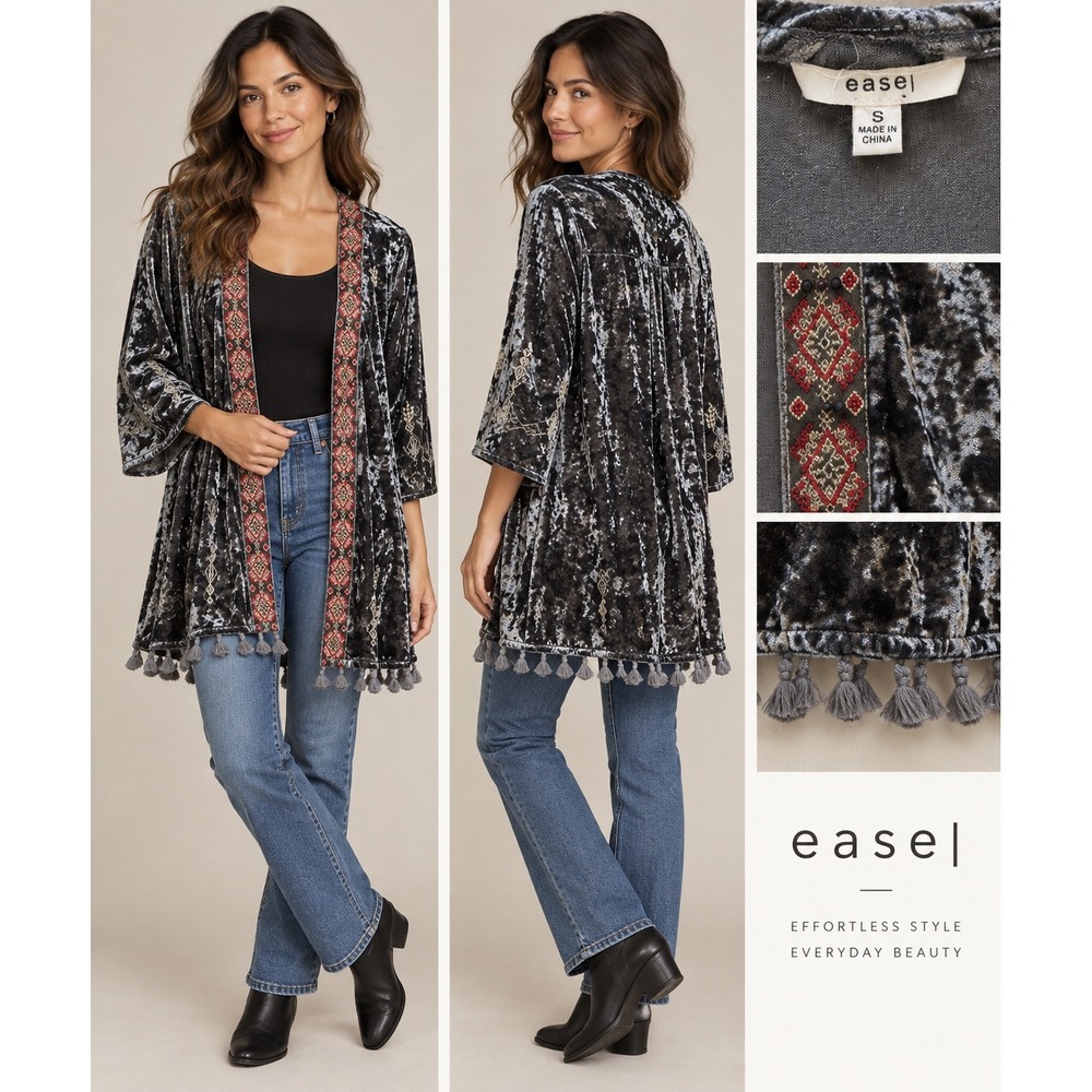 Easel Gray Crushed Velvet Embroidered Tassel Kimono Cardigan Small Boho Festival